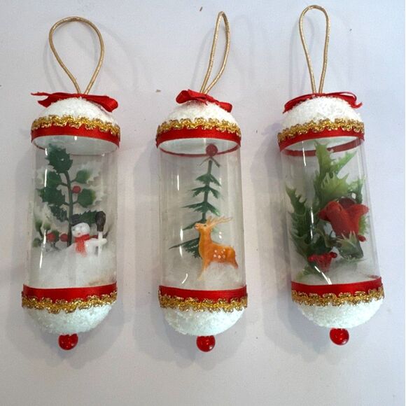 3 vintage diorama Christmas ornaments; snowman, deer, cardinal, MCM - Picture 4 of 6